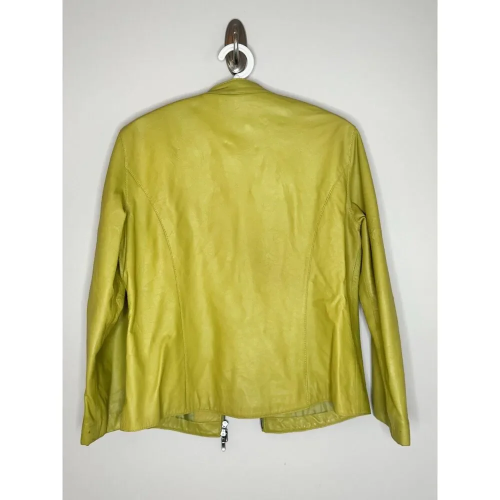 Chico's Lime Green 100% Leather Jacket Moto Zip Snap Collar Size 1 M/L - Picture 3 of 7